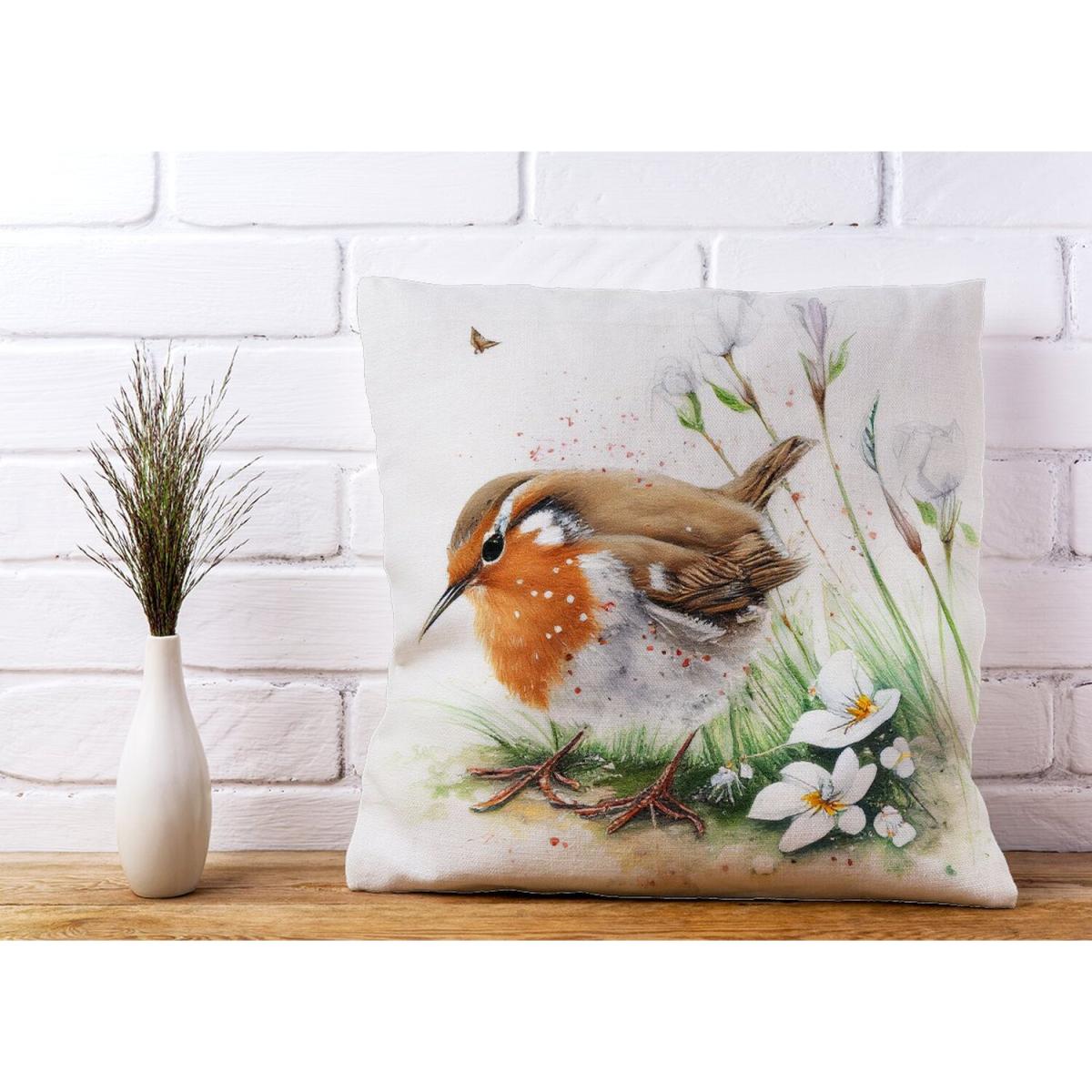 Robin And Daisies Watercolour Cushion - Yellow – image 2