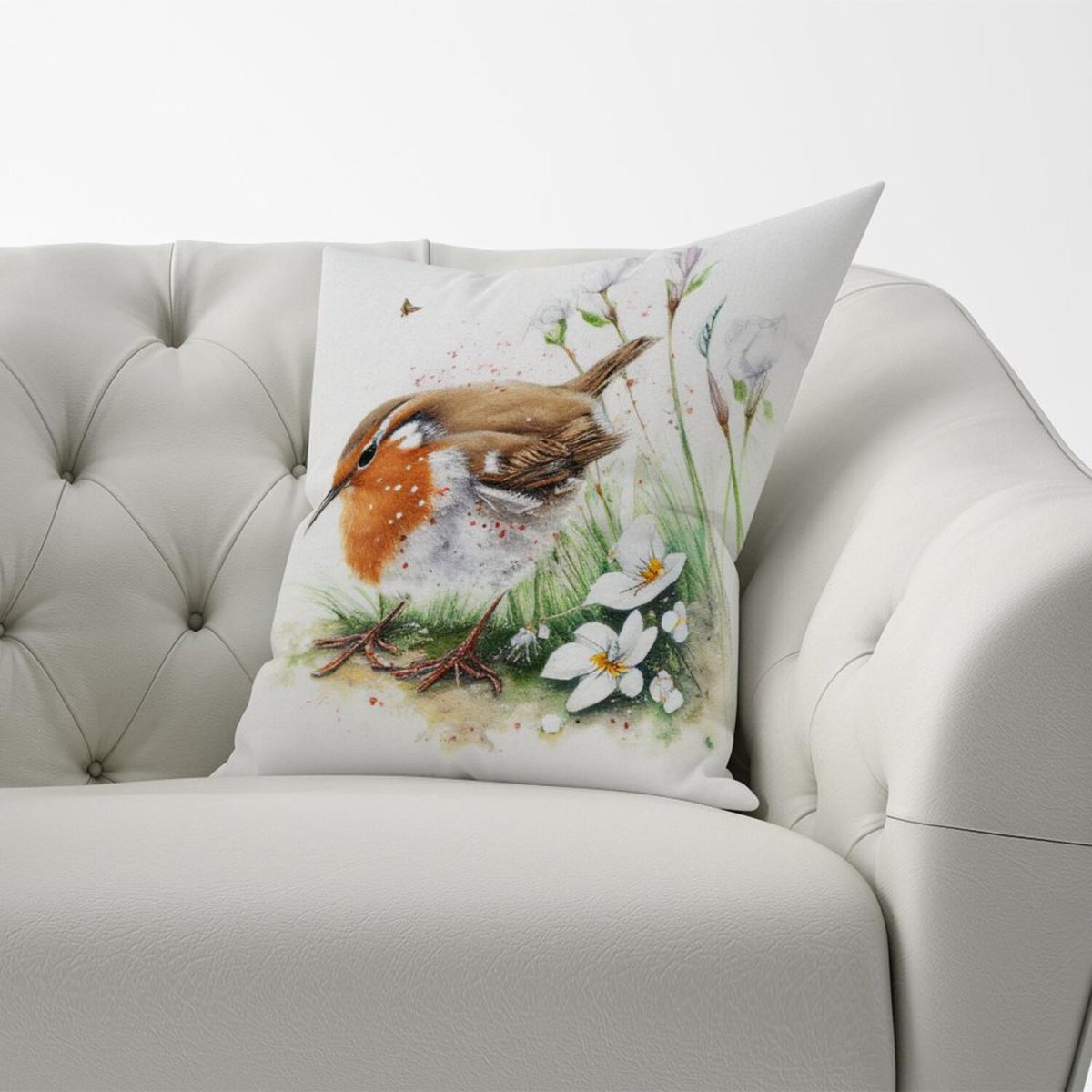 Robin And Daisies Watercolour Cushion - Yellow – image 1