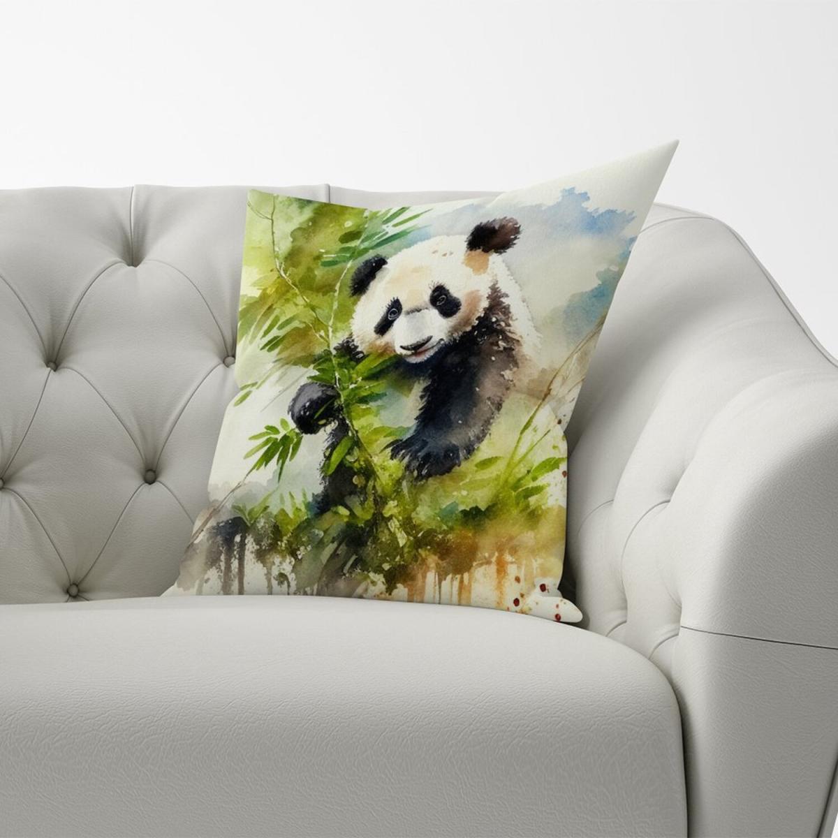 Panda Eating Bamboo Watercolour Cushion - Yellow – image 2