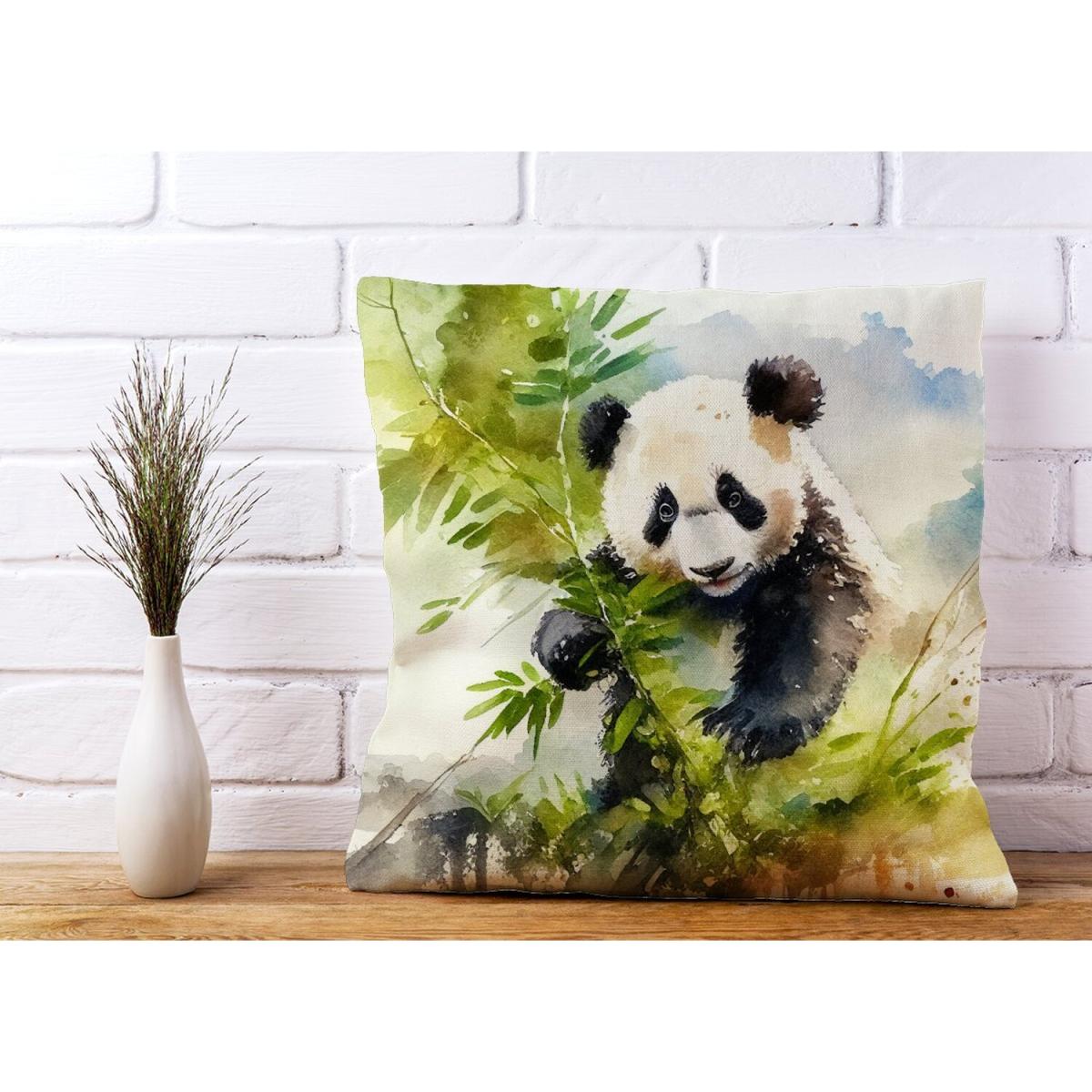 Panda Eating Bamboo Watercolour Cushion - Yellow – image 3