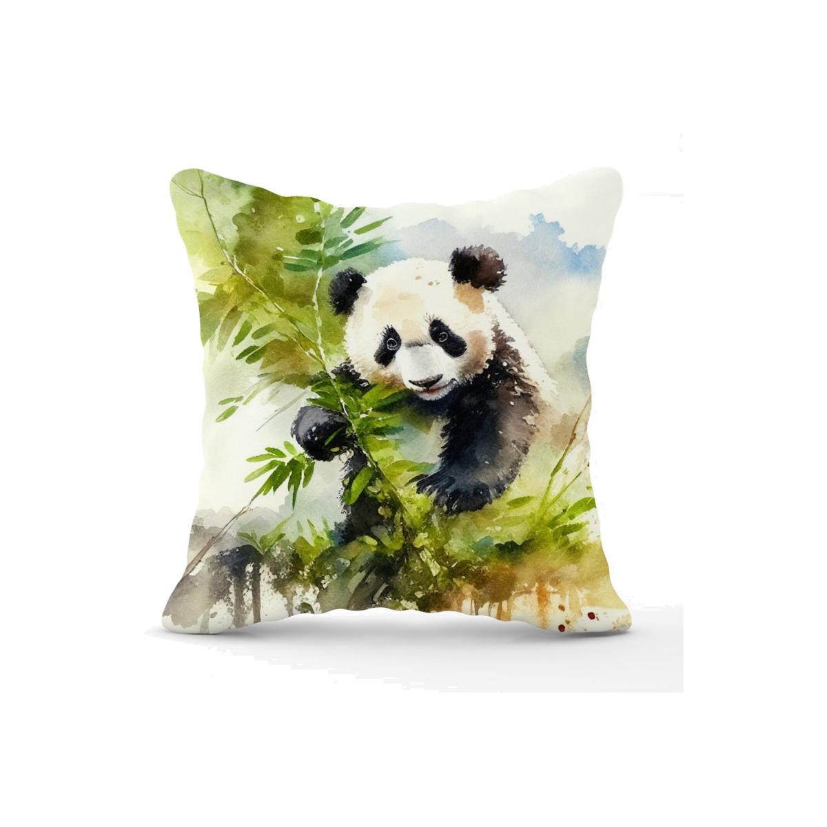 Panda Eating Bamboo Watercolour Cushion - Yellow – image 1