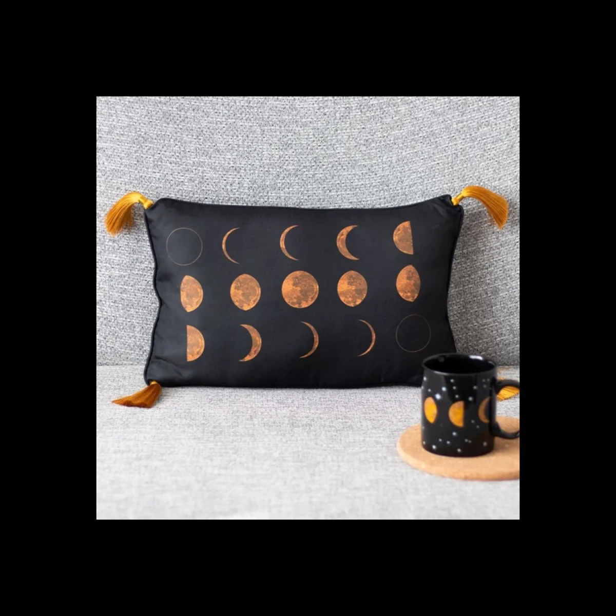 Rectangular Moon Phases Cushion with Gold Corner Tassels - Black – image 2