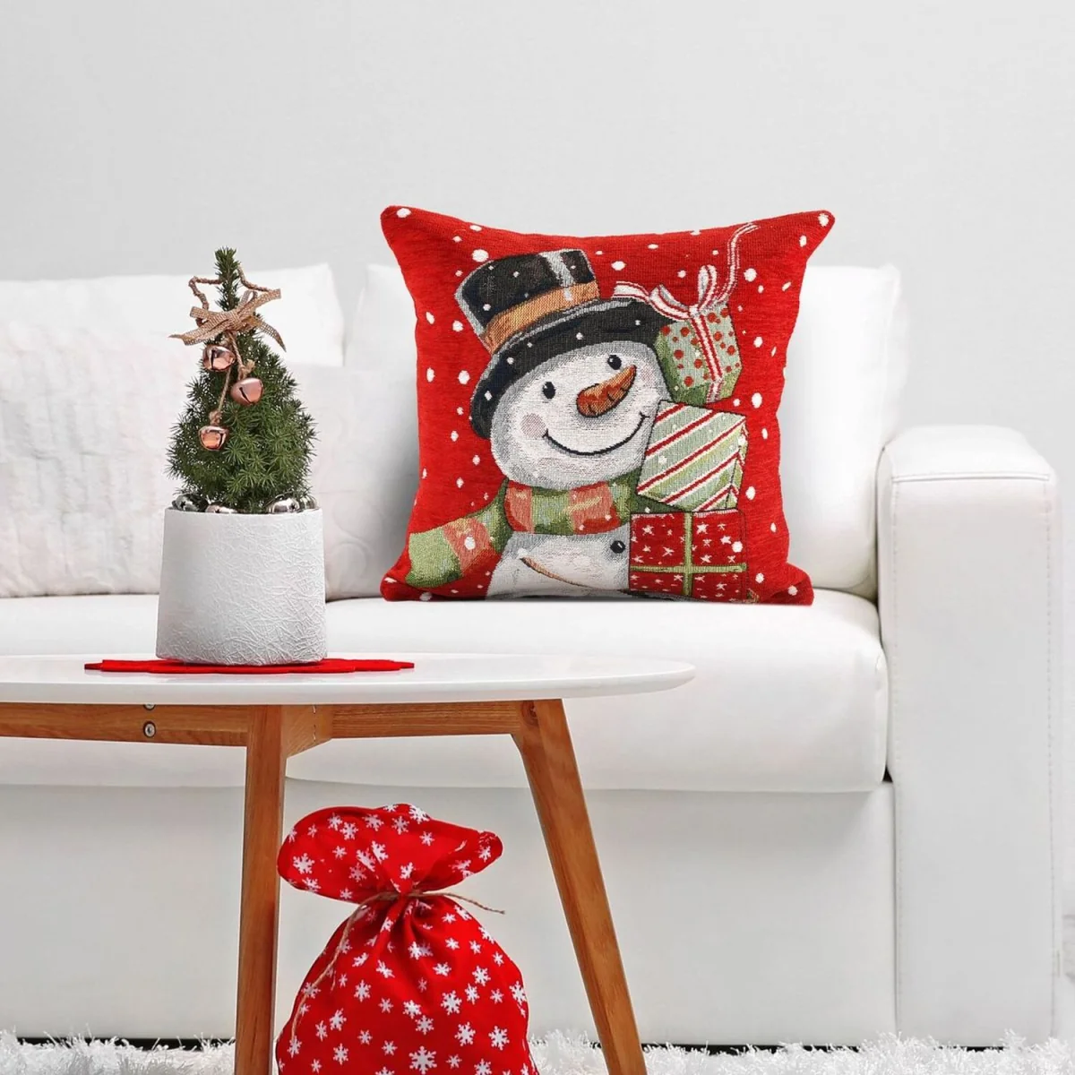 Noel Square Luxury Chenille Xmas Snowman Presents Filled Cushion - White – image 2