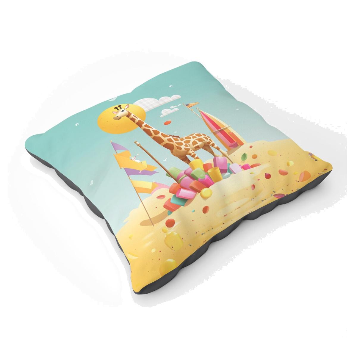 A Giraffe On A Beach Holiday Floor Cushion - Yellow