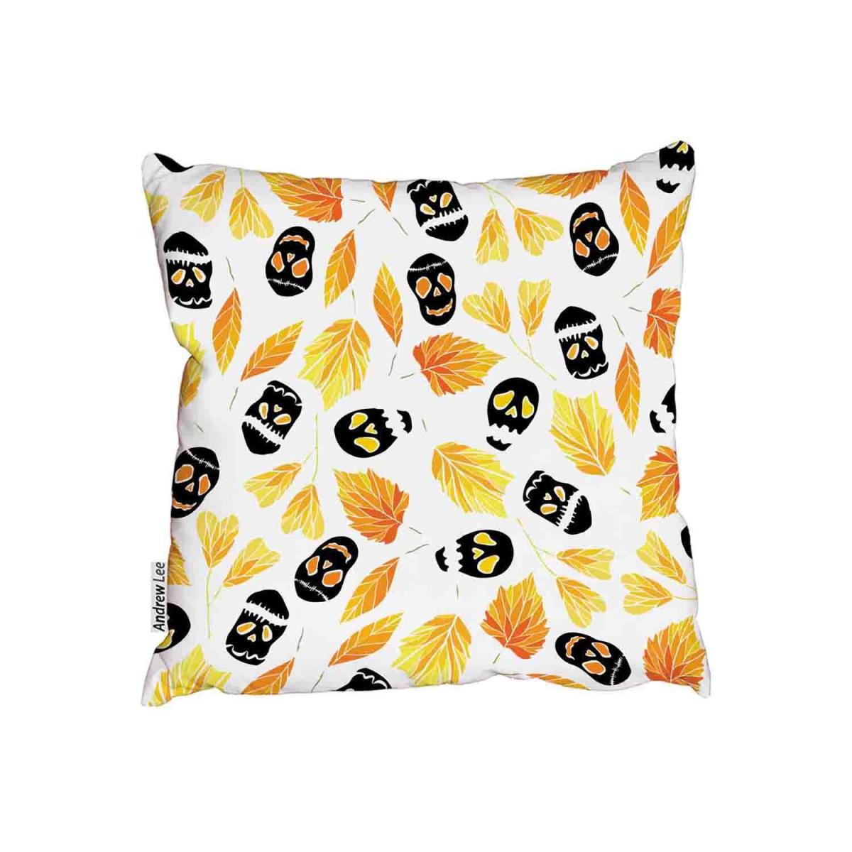 Halloween Pattern With Ghosts, Pumpkins, Skulls And Autumn Leaves Cushion - Yellow – image 2