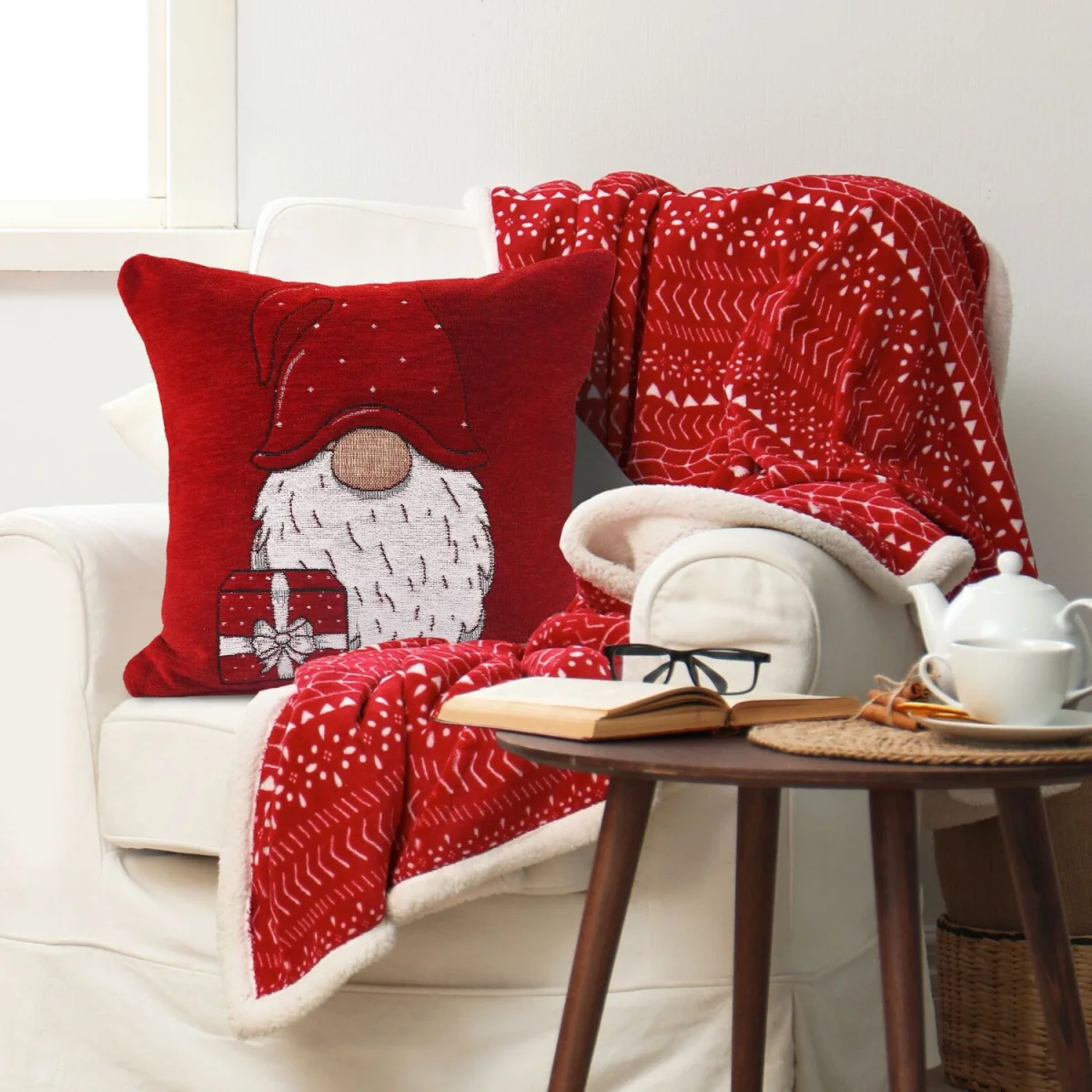 Noel Square Luxury Chenille Xmas Gonk Red Filled Cushion - Red – image 2