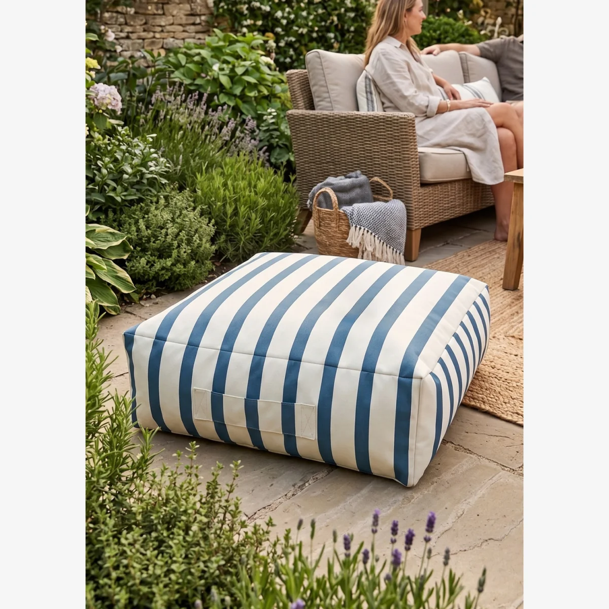 Striped Outdoor Box Floor Cushion - Seafoam Blue