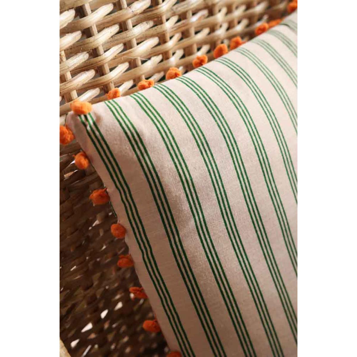 Cotton Green Stripe Cushion with Orange Pom-Poms – image 2