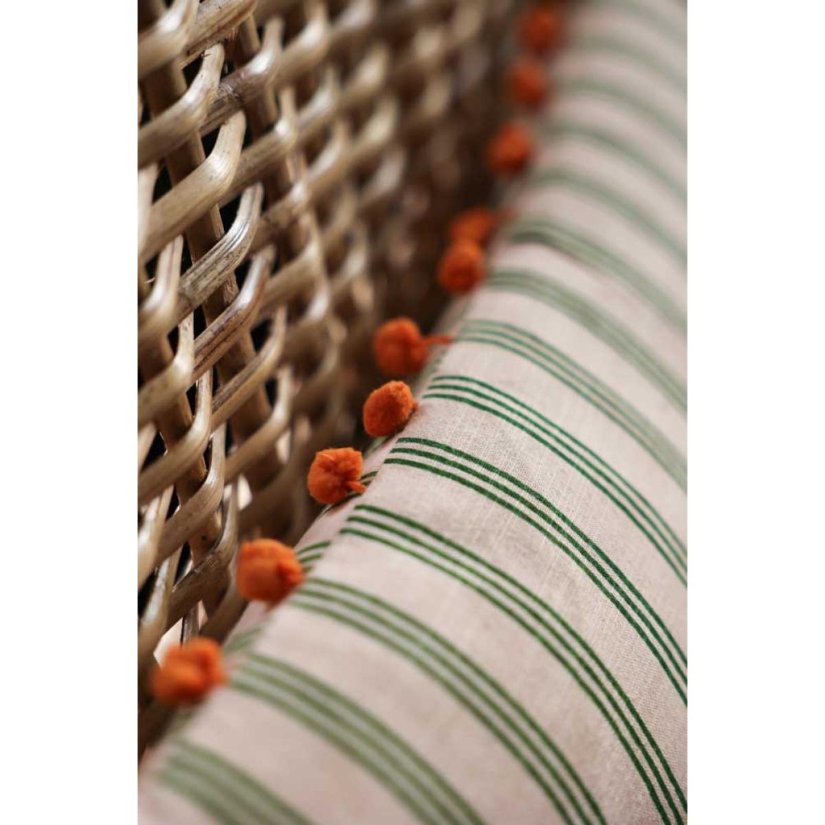 Cotton Green Stripe Cushion with Orange Pom-Poms – image 3