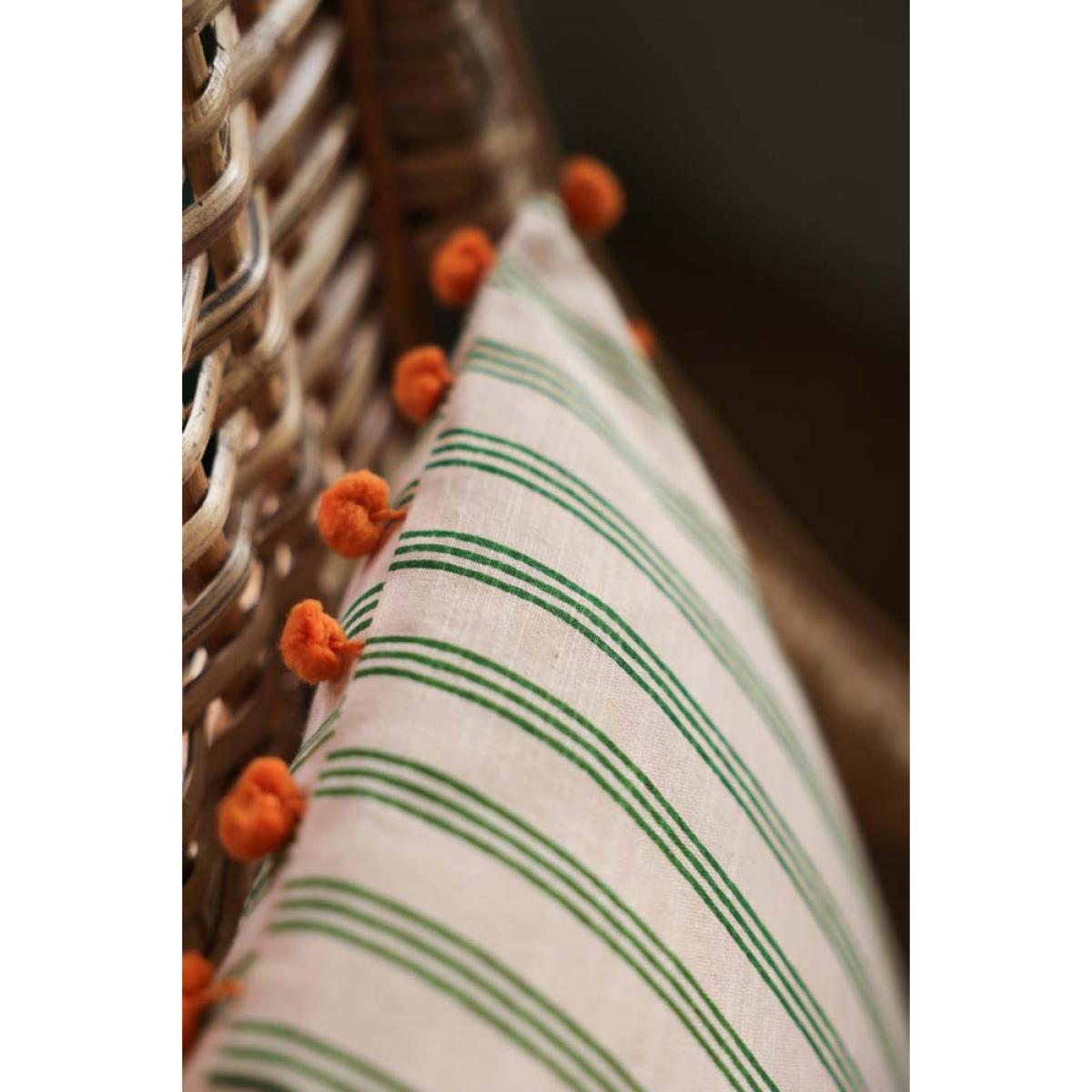 Cotton Green Stripe Cushion with Orange Pom-Poms – image 5