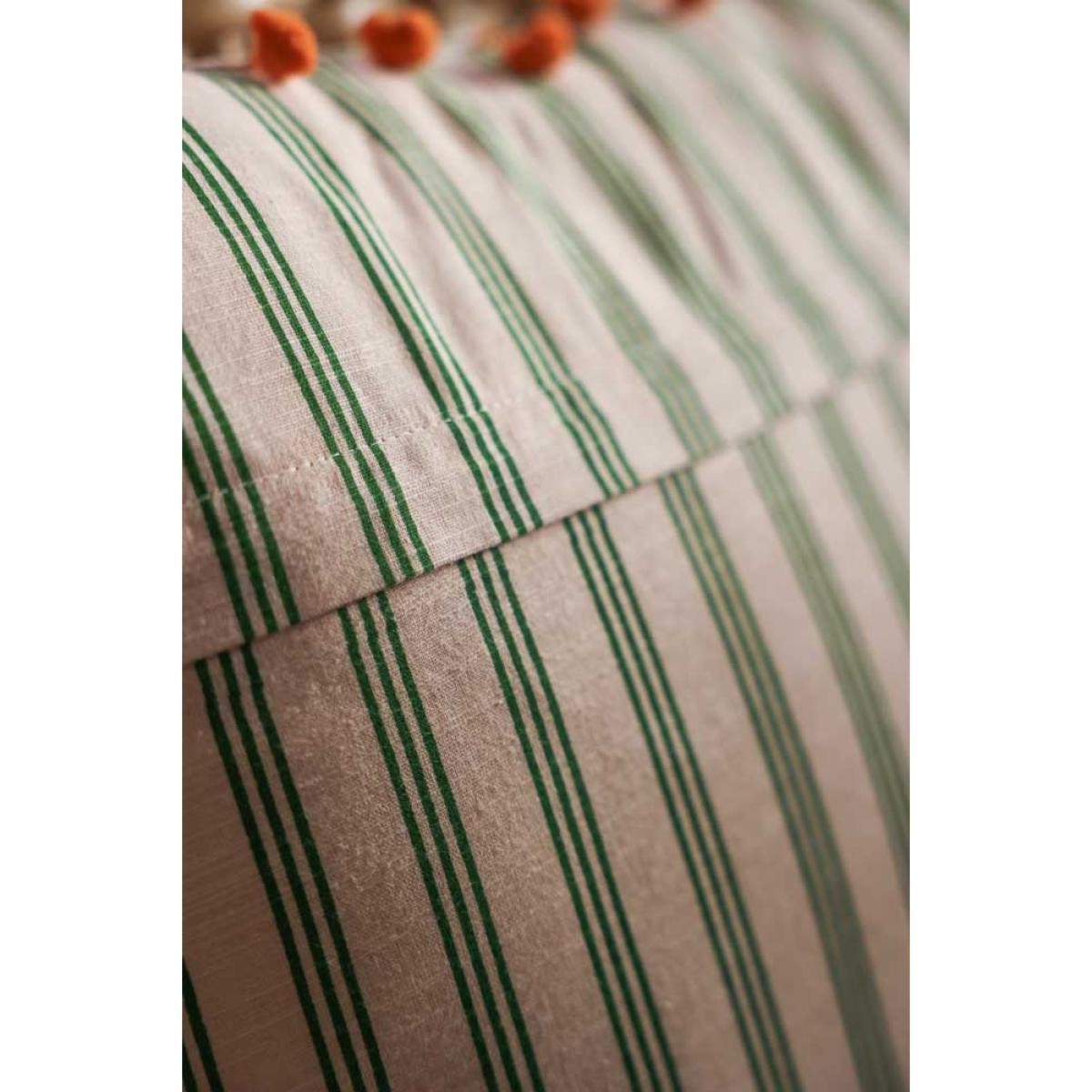 Cotton Green Stripe Cushion with Orange Pom-Poms – image 6