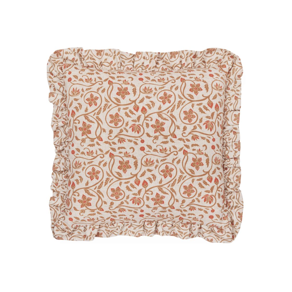 Linen Filigree Printed Ruffle Cushion - Linen/Ochre / 80 Feather 20 Polyester