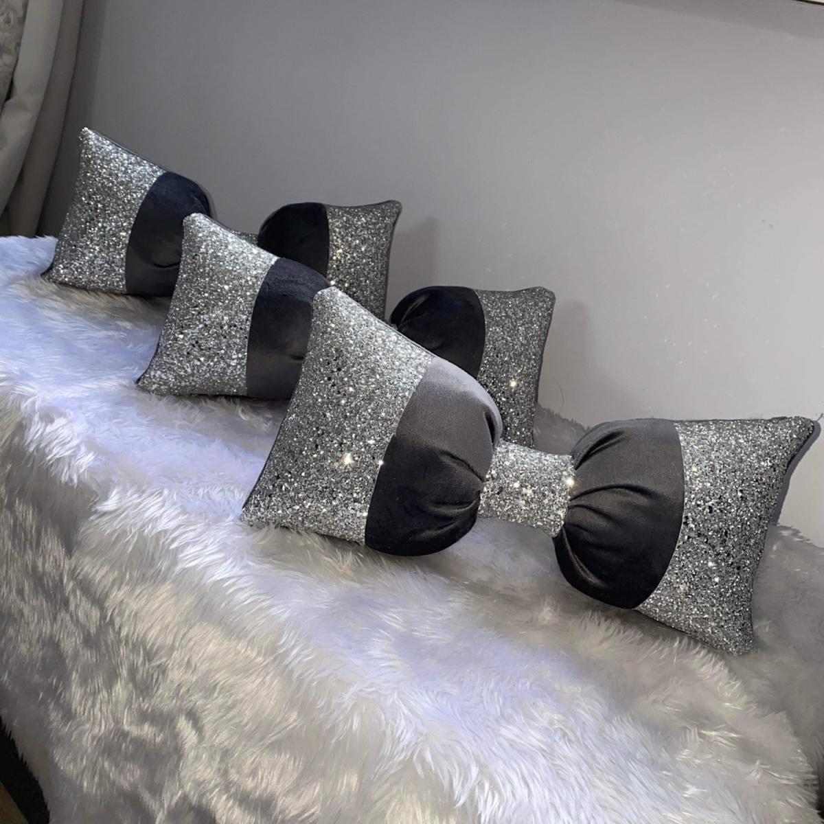 Plush Grey Sparkly Bow Cushion - Grey