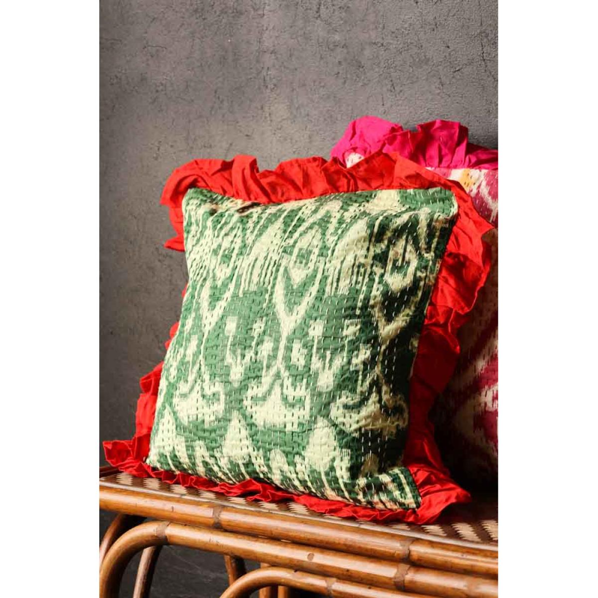 Green Ikat & Red Frill Cotton Cushion – image 2