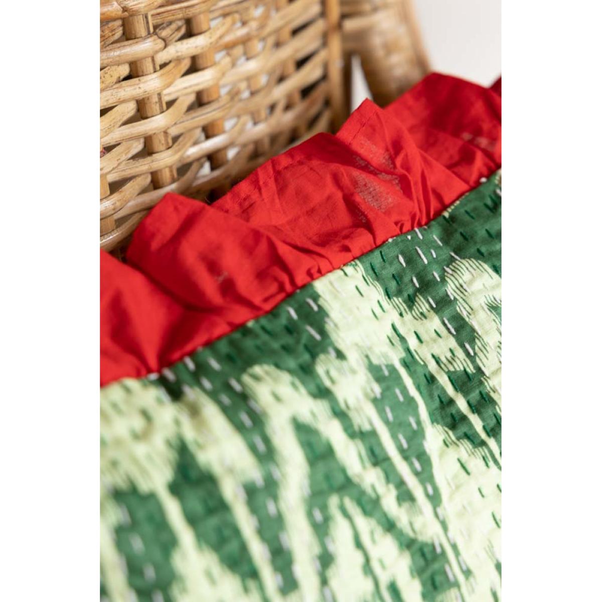 Green Ikat & Red Frill Cotton Cushion – image 3