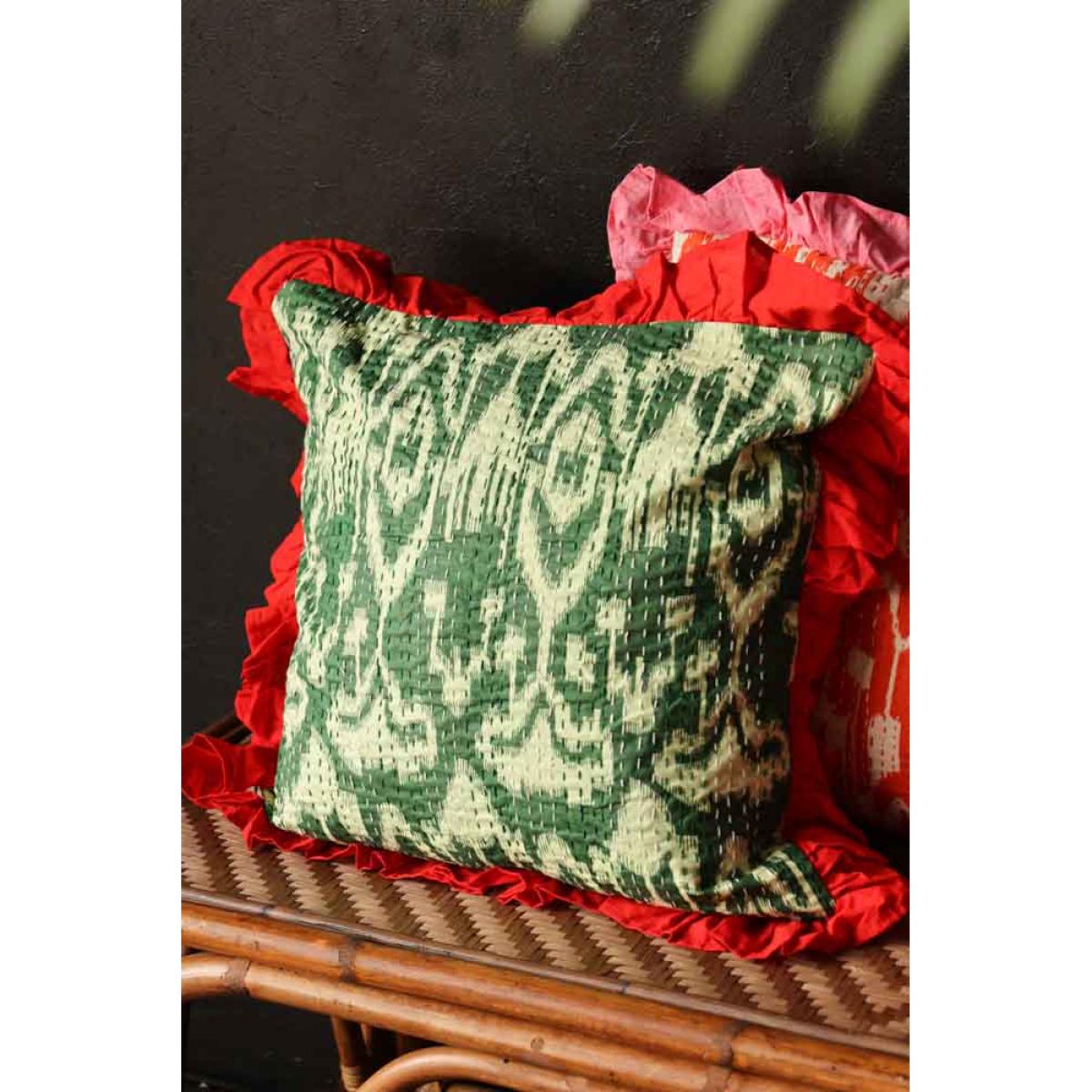 Green Ikat & Red Frill Cotton Cushion – image 4