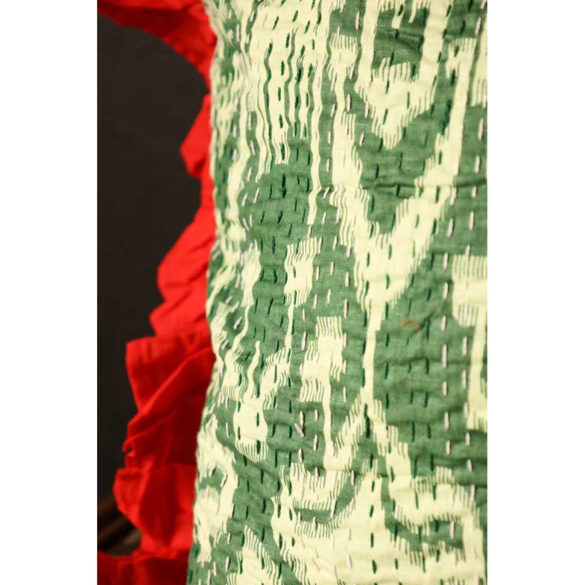 Green Ikat & Red Frill Cotton Cushion – image 5