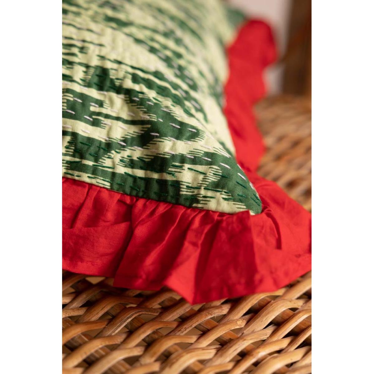 Green Ikat & Red Frill Cotton Cushion – image 6