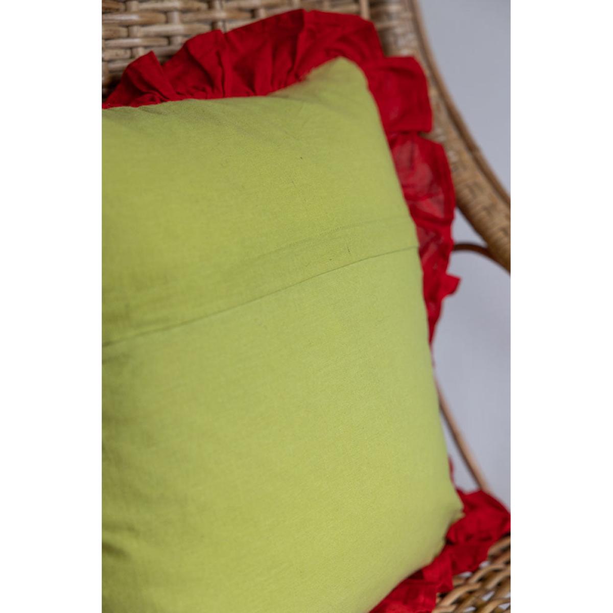 Green Ikat & Red Frill Cotton Cushion – image 7
