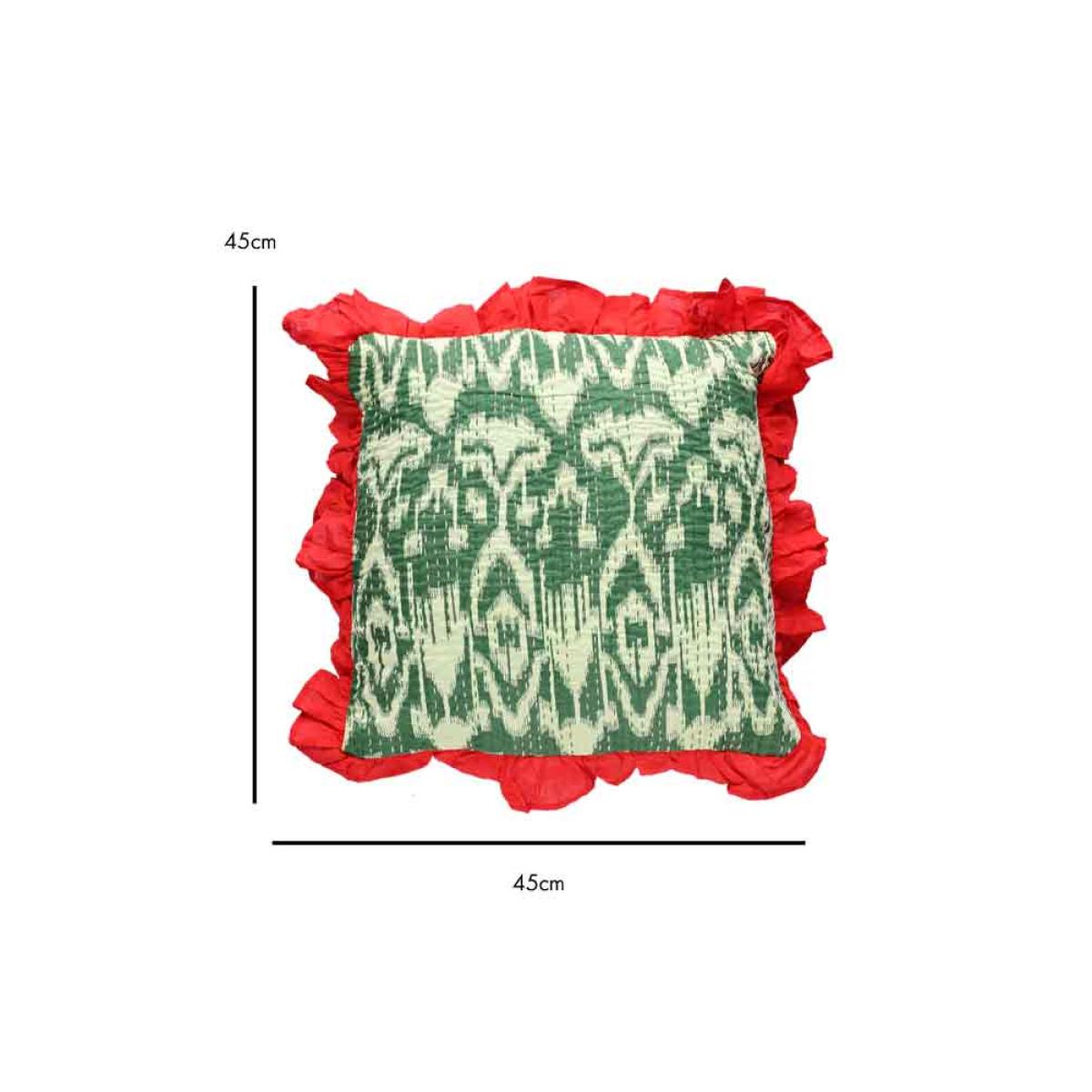 Green Ikat & Red Frill Cotton Cushion – image 8