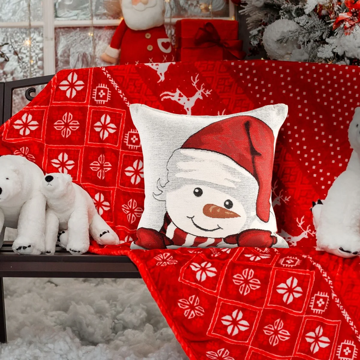 Noel Square Luxury Chenille Xmas Snowman Filled Cushion - White – image 2