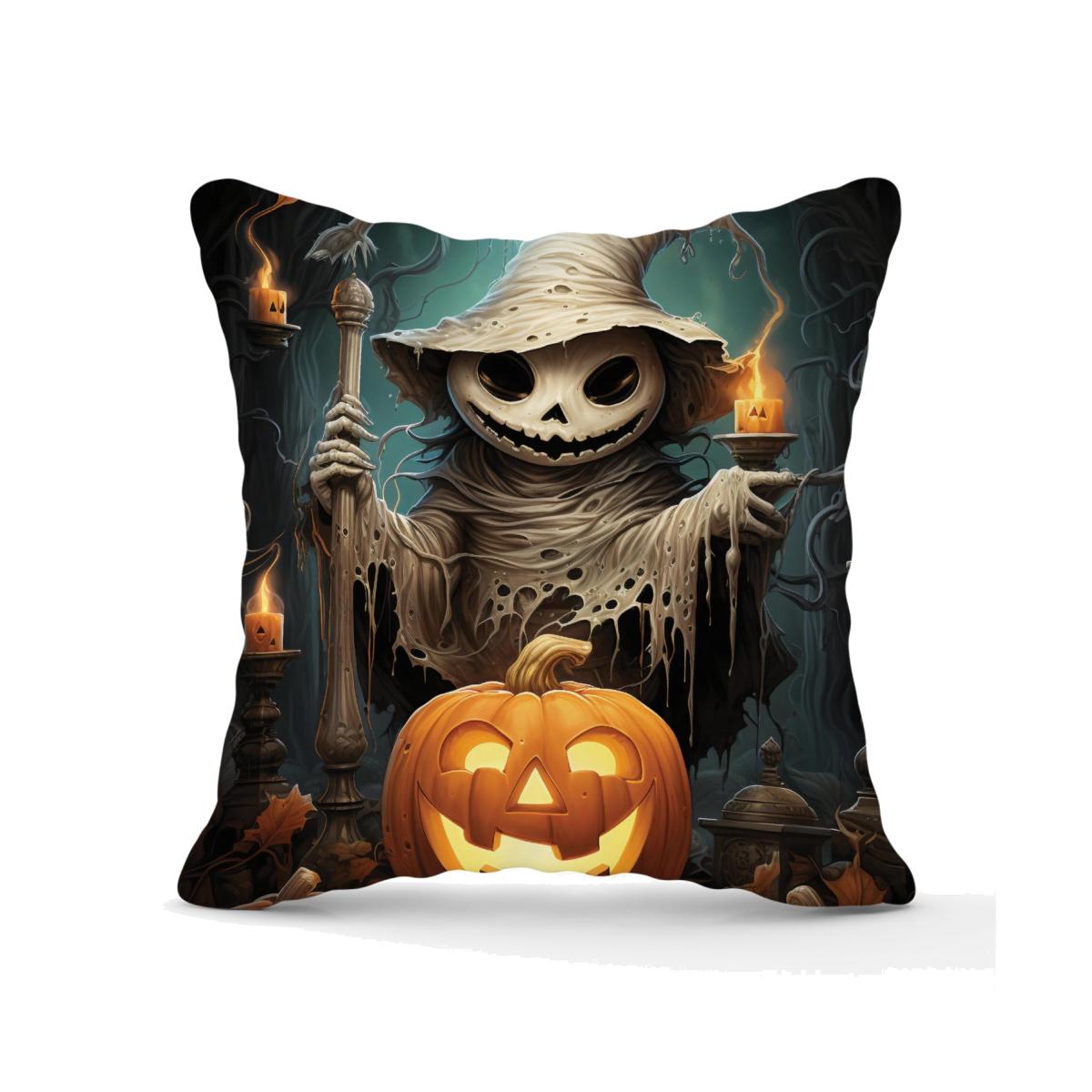 Creepy Ghost With Pumpkins Outdoor Cushion - Orange / 60cm