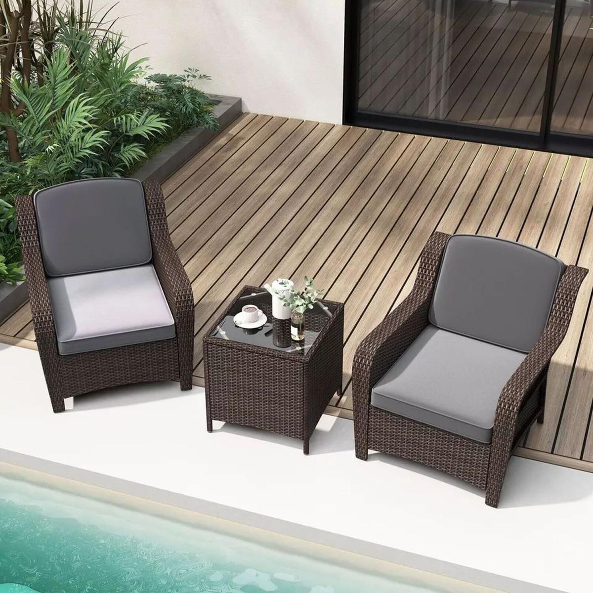 3 Pieces Outdoor PE Rattan Wicker Set with Cushions - Brown