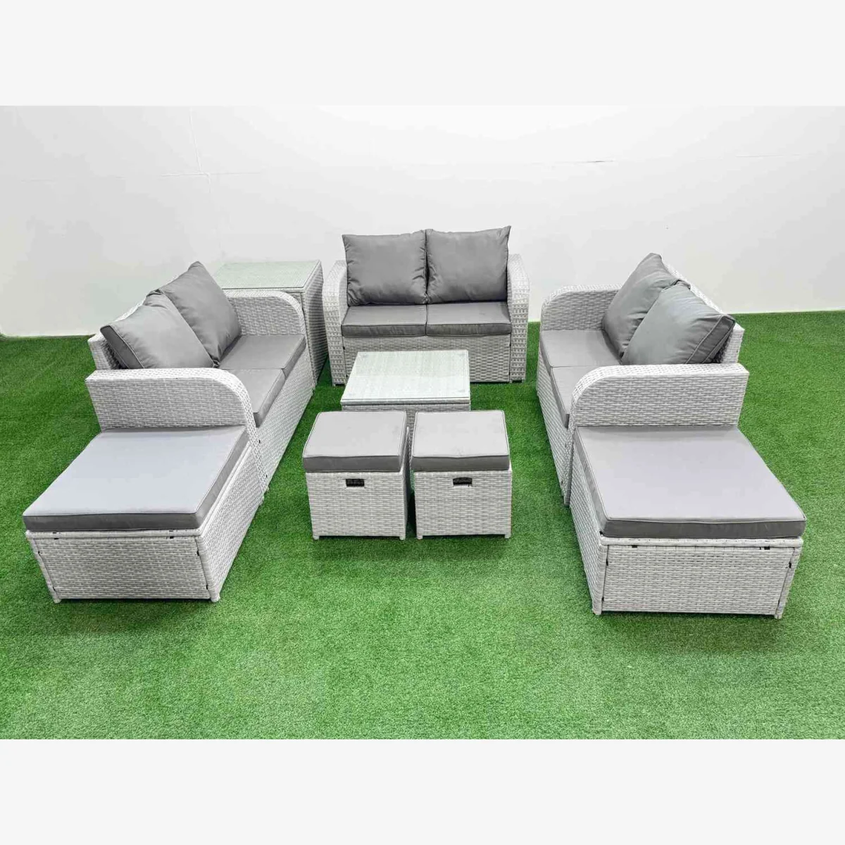 Fimous Light Grey PE Rattan Outdoor Garden Furniture Set - 10-Seater with Coffee Table and Cushions. - Light Grey – image 1