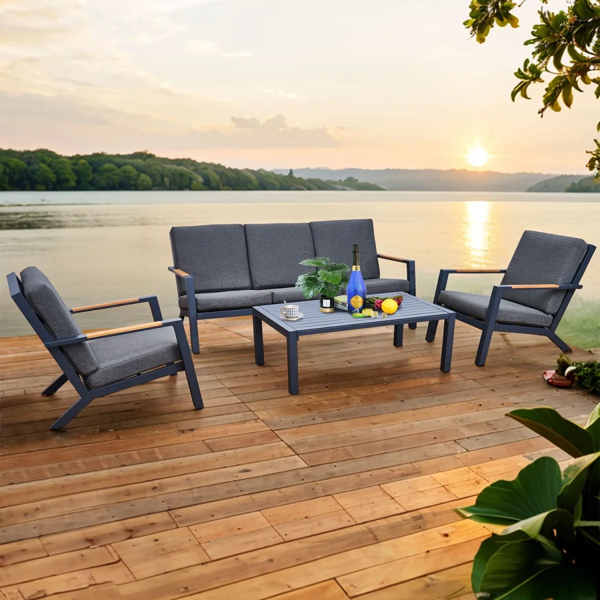 Oseasons Malibu Aluminium 5 Seat Lounge Set in Grey with Olefin Cushions & Syn-Teak Arms - Grey – image 1