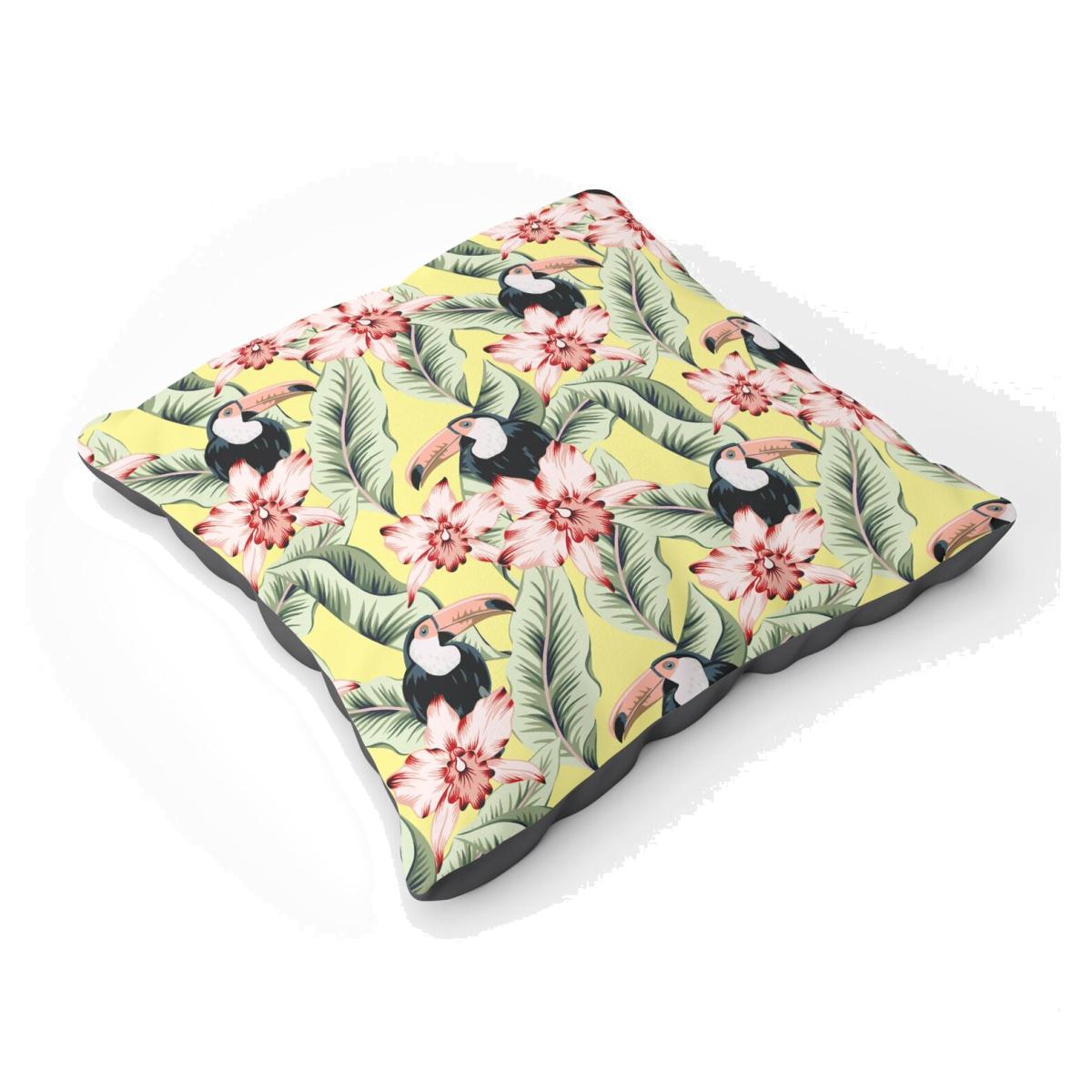 Toucans, Orchids And Palm Leaves Floor Cushion - Yellow