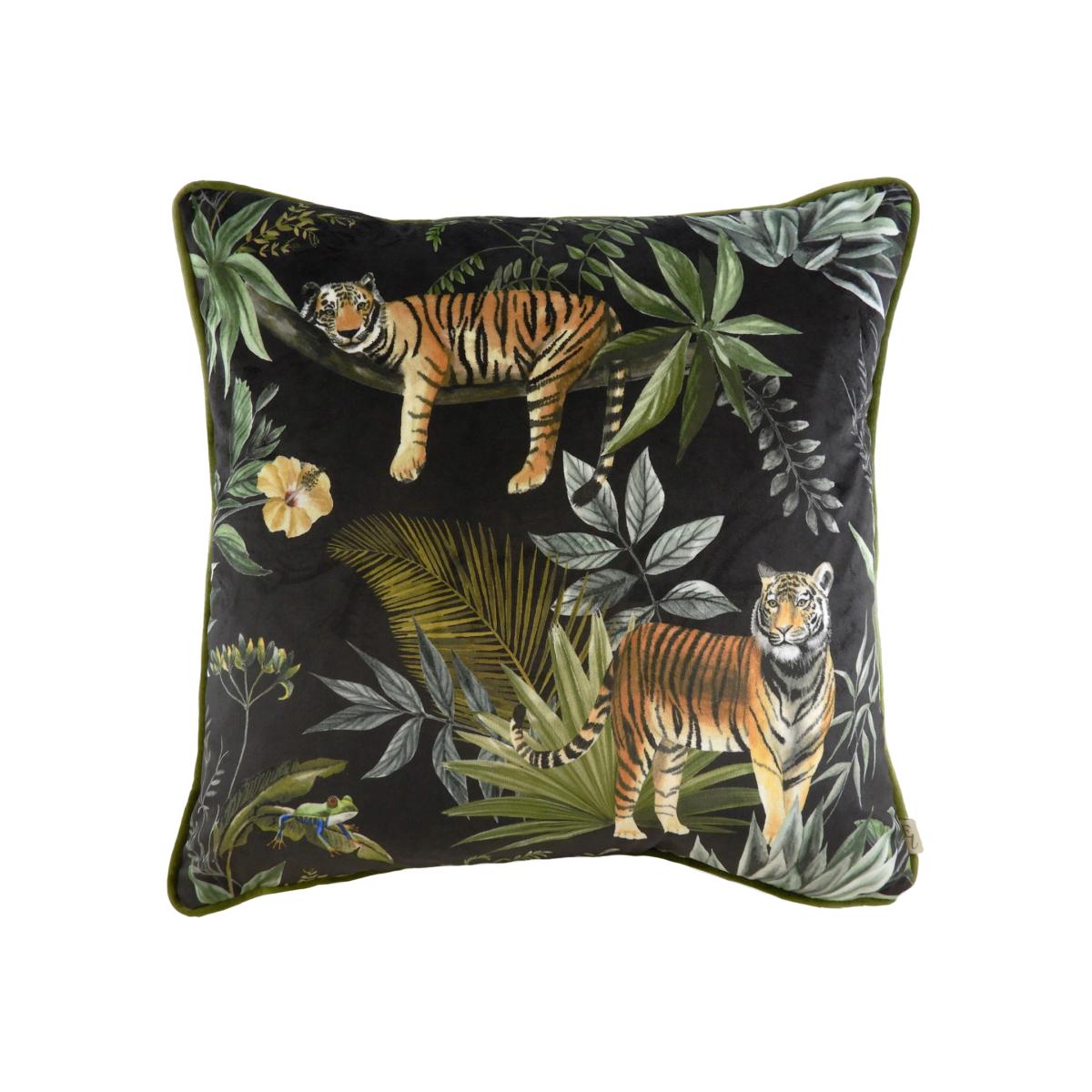 Jungle Tiger Cushion - Black / Feather