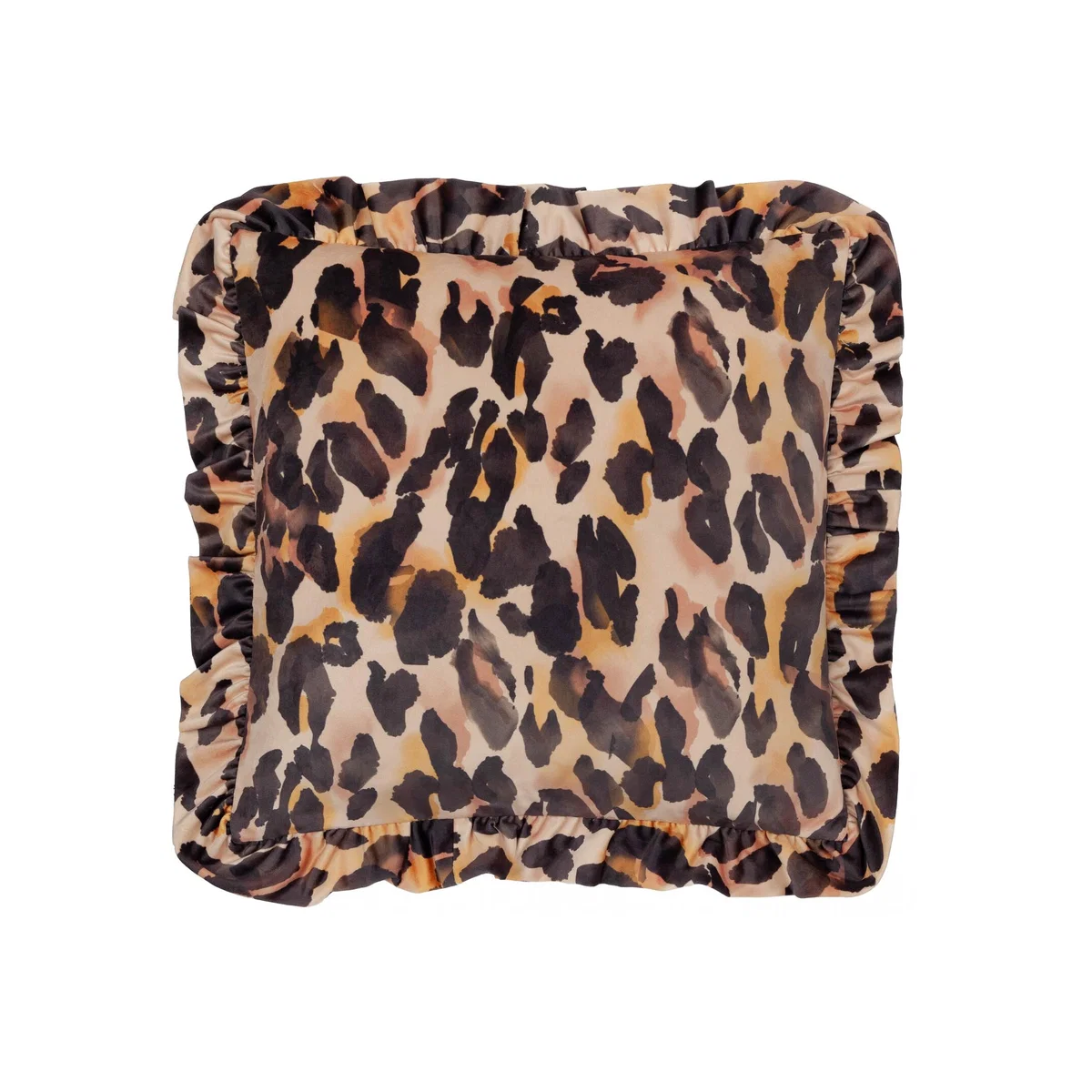 Leopard Printed Velvet Ruffle Cushion - Multicolour / Feather