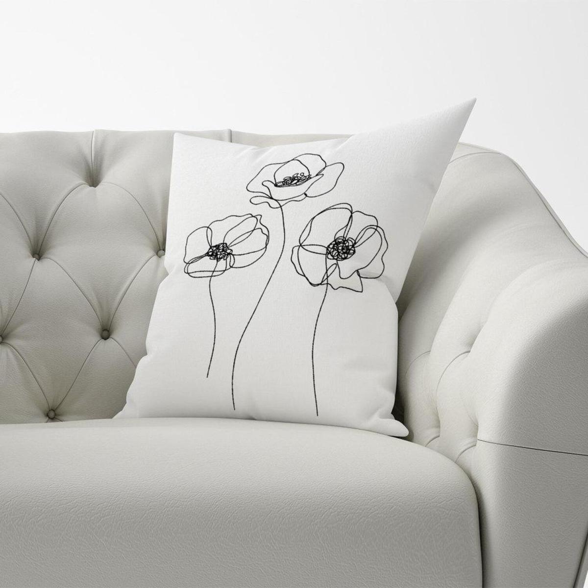 Monochrome Line Drawn Poppies Cushion - White / 60cm – image 3