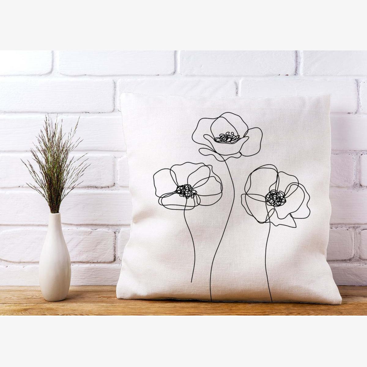 Monochrome Line Drawn Poppies Cushion - White / 60cm – image 1