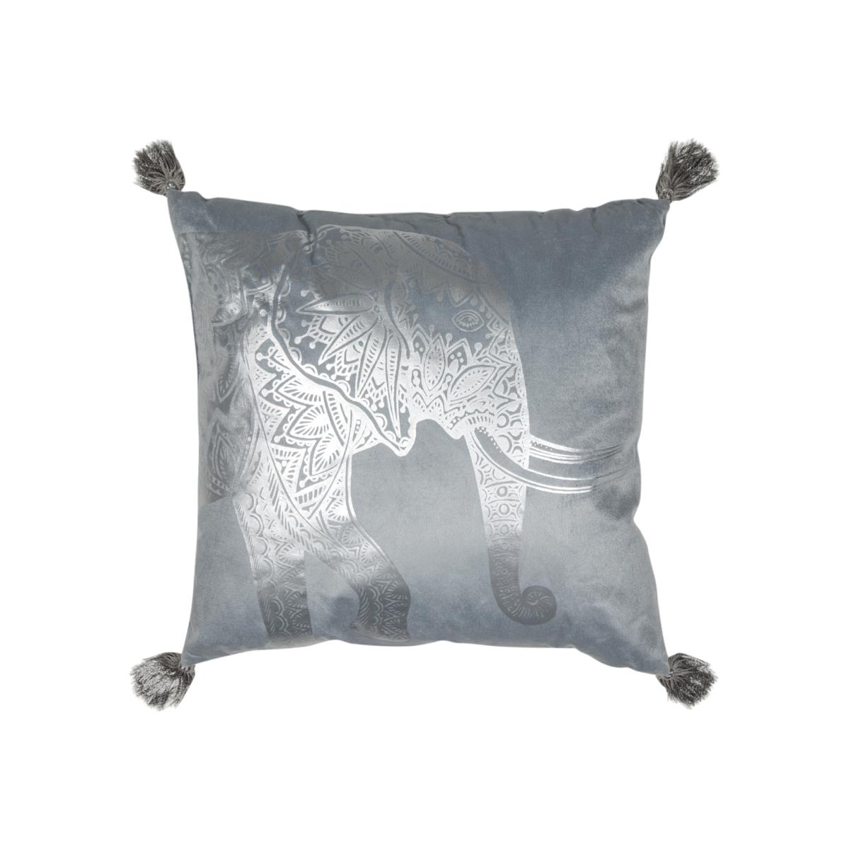 Elephant Tassel Silver Print Cushion - Silver