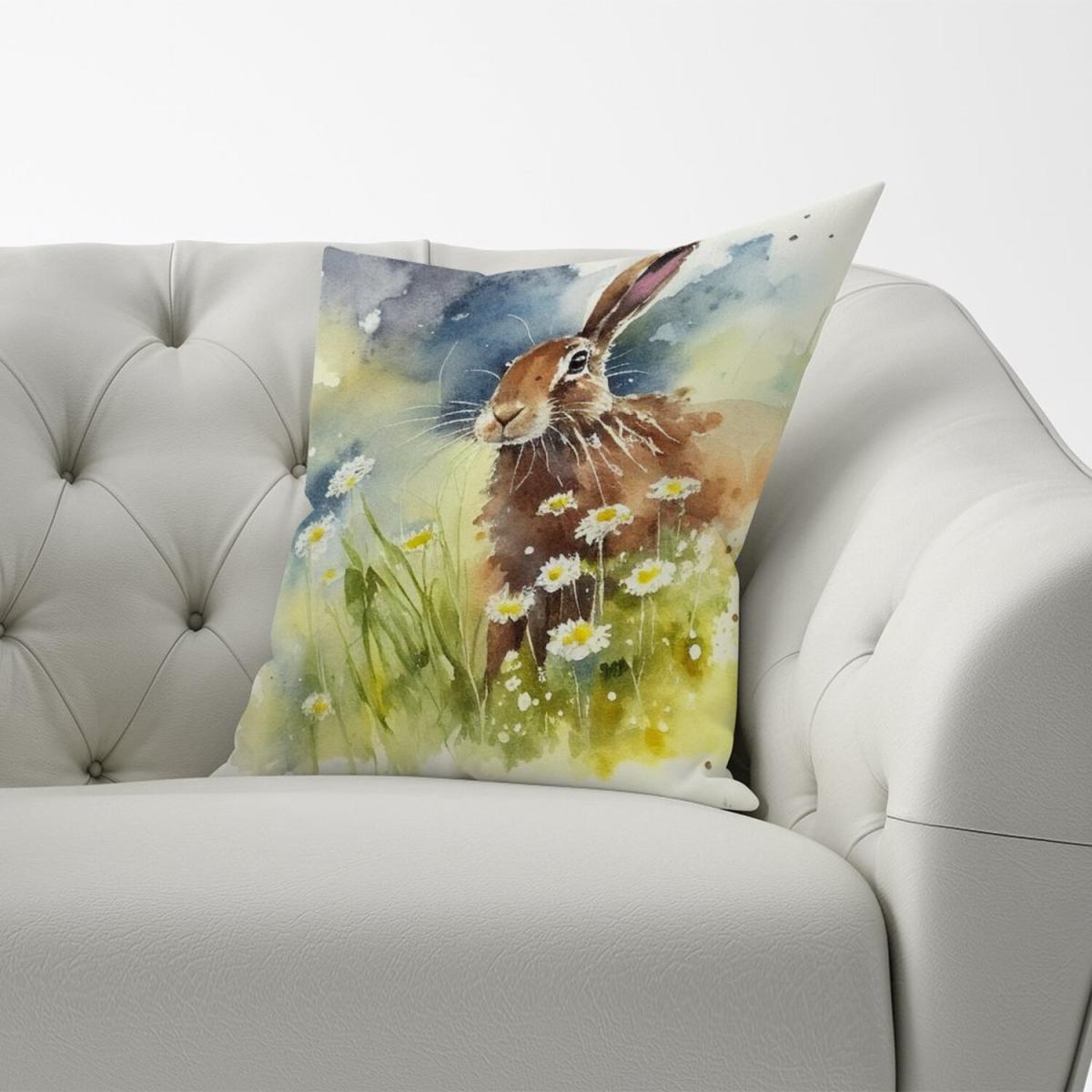 Hare And Daisies Watercolour Cushion - Yellow – image 2