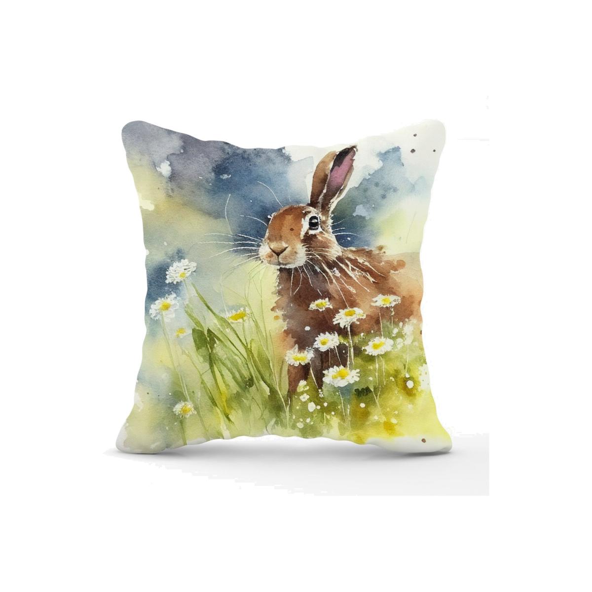 Hare And Daisies Watercolour Cushion - Yellow – image 1