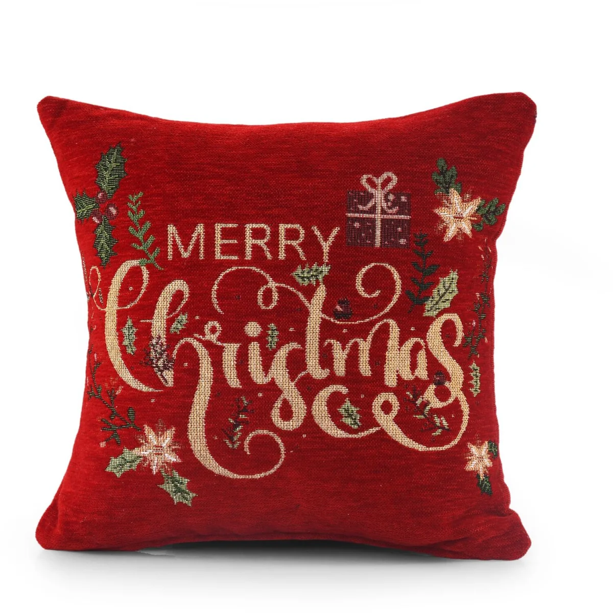 Noel Square Luxury Chenille Floral Merry Xmas Filled Cushion - Red – image 3