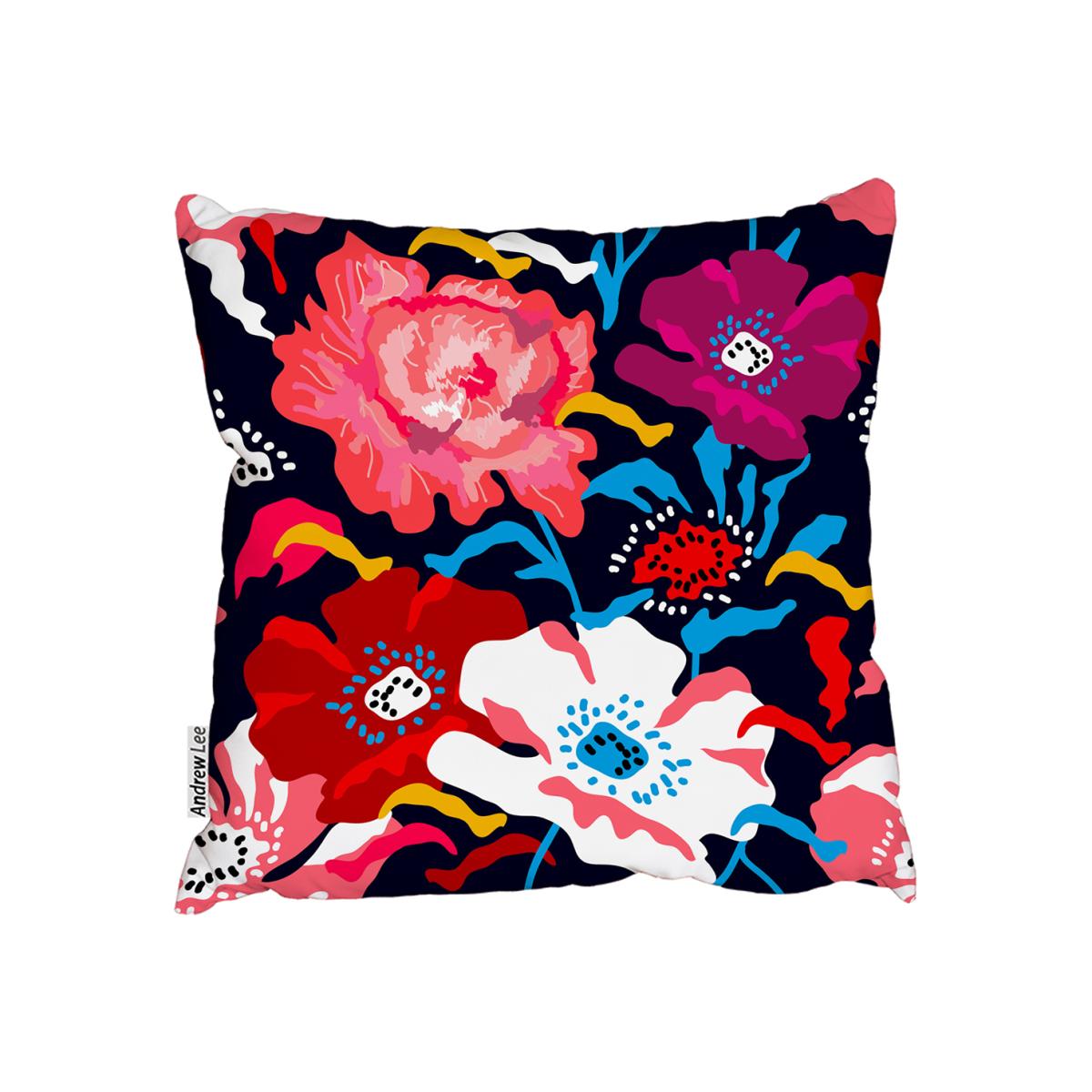 Poppies And Peonies On Dark Blue Background Outdoor Cushion - Red / 45cm