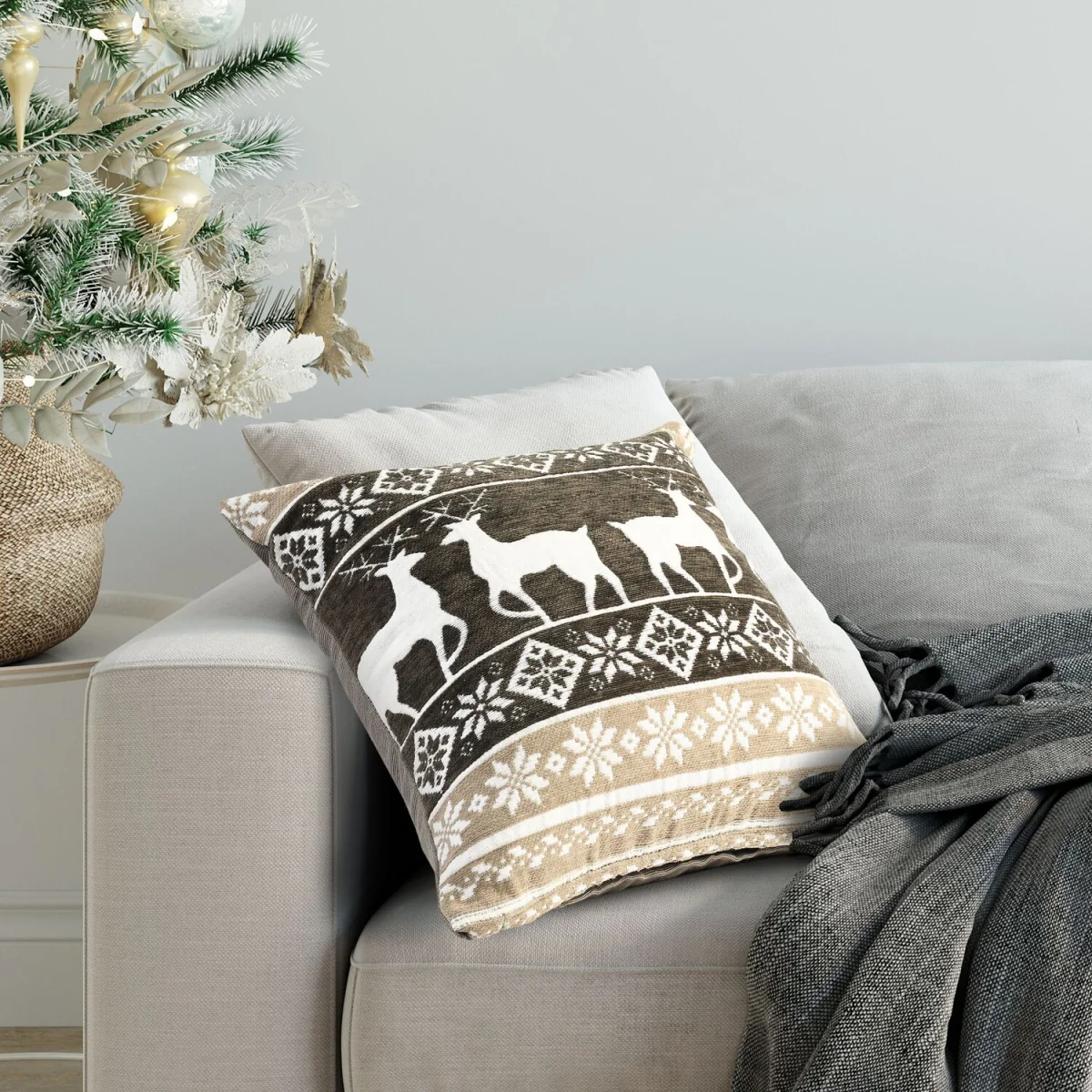 Noel Square Luxury Chenille Xmas Grey Stag Filled Cushion - Grey – image 2