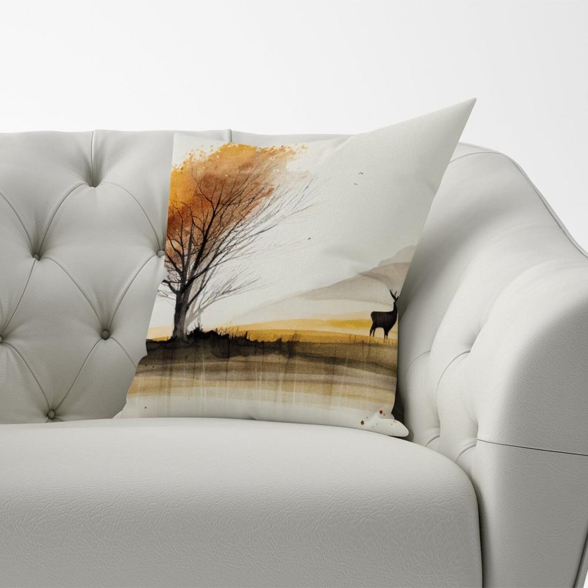 Autumn Landscape Stag Watercolour Cushion - Yellow – image 2