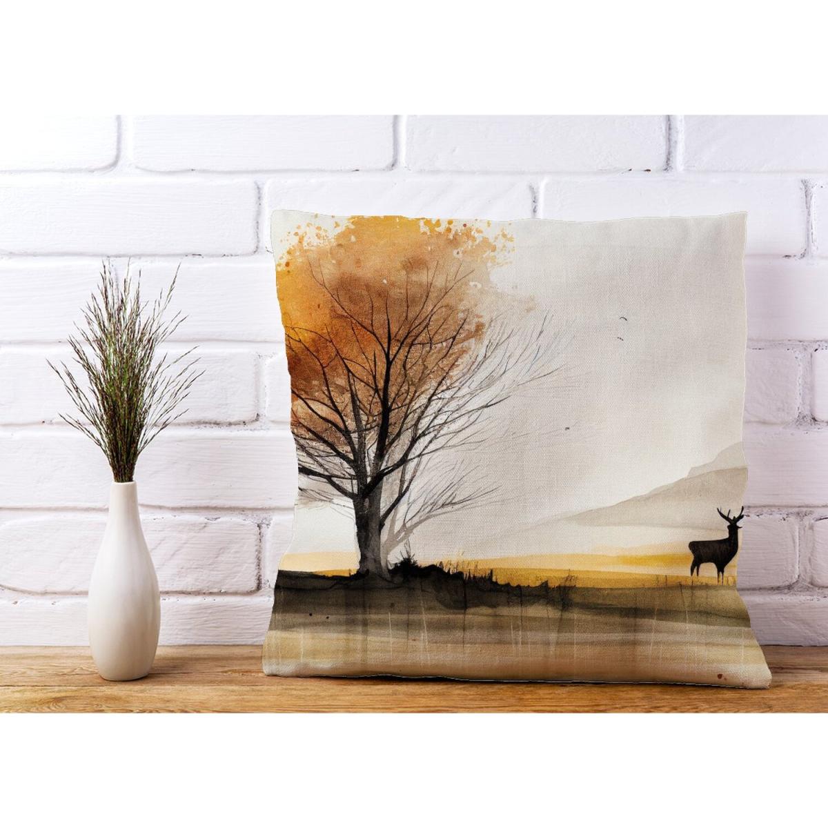 Autumn Landscape Stag Watercolour Cushion - Yellow – image 3