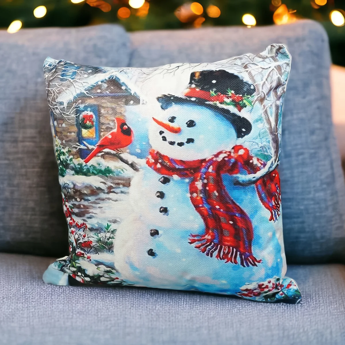 Christmas Themed Cushion Snowman outside house - White and Red – image 2