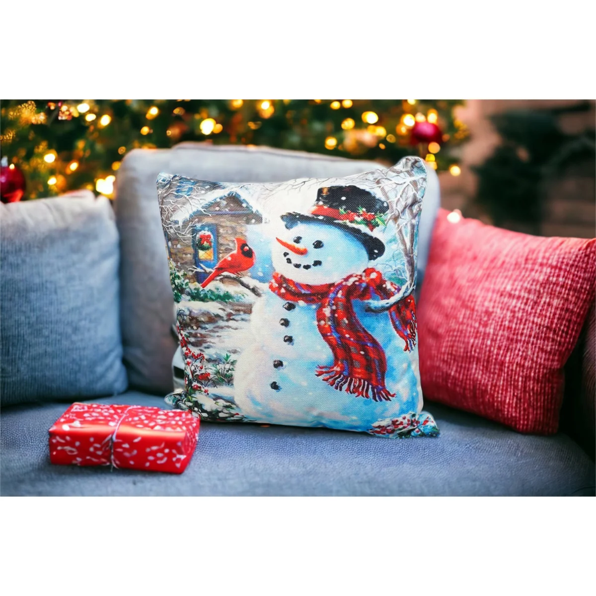 Christmas Themed Cushion Snowman outside house - White and Red – image 4