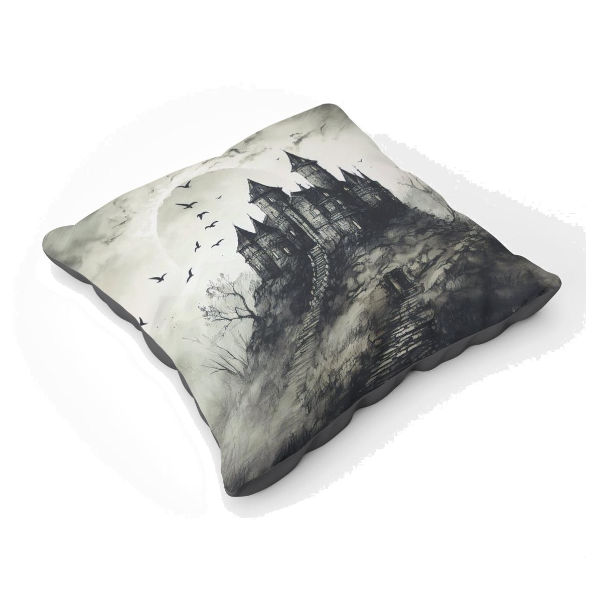 A Realistic Ink Drawing Of A Haunted Castle Floor Cushion - Grey