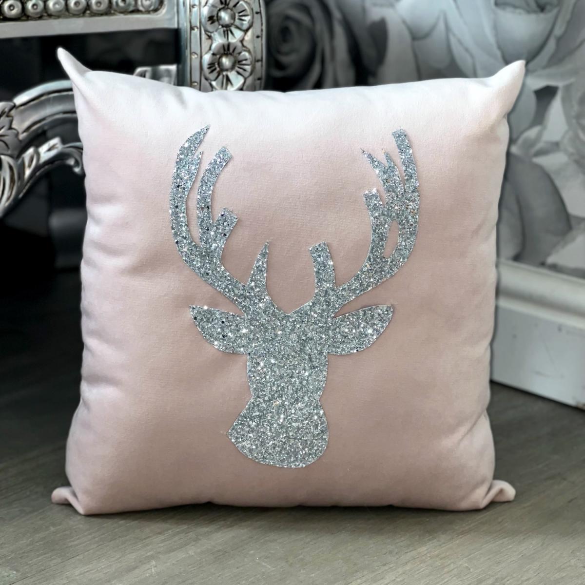 Blush Pink Crushed Velvet Christmas Stag Cushion - Blush Pink – image 2