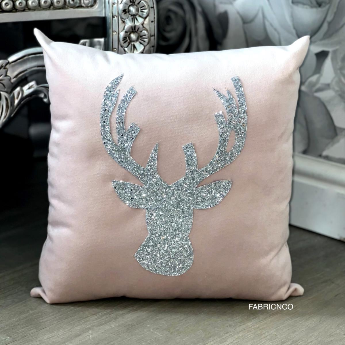 Blush Pink Crushed Velvet Christmas Stag Cushion - Blush Pink – image 3
