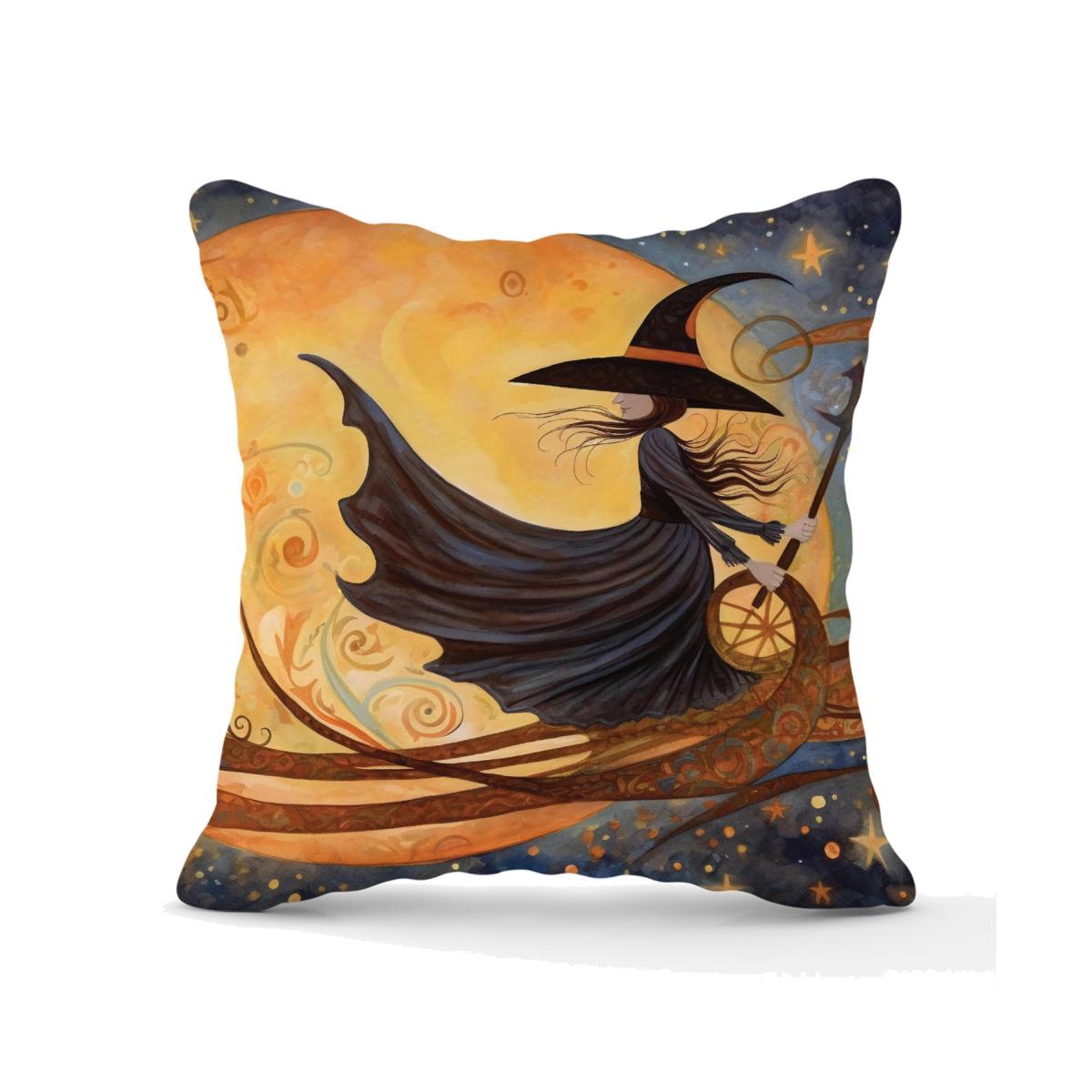 Imaginative Painting Of A Whimsical Witch On A Broomstick Outdoor Cushion - Orange / 60cm