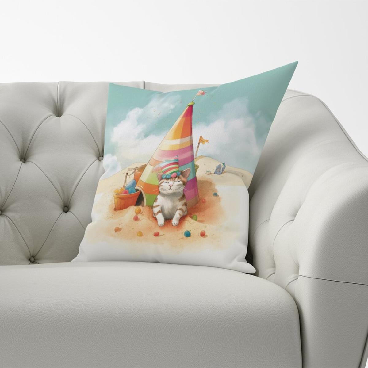 Cat On A Beach Holiday Cushion - Yellow / 60cm