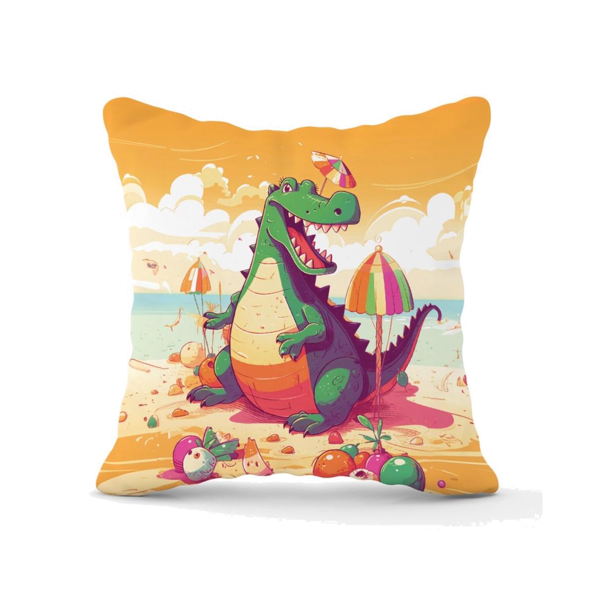 Crocodile On A Beach Holiday Cushion - Yellow / 45cm